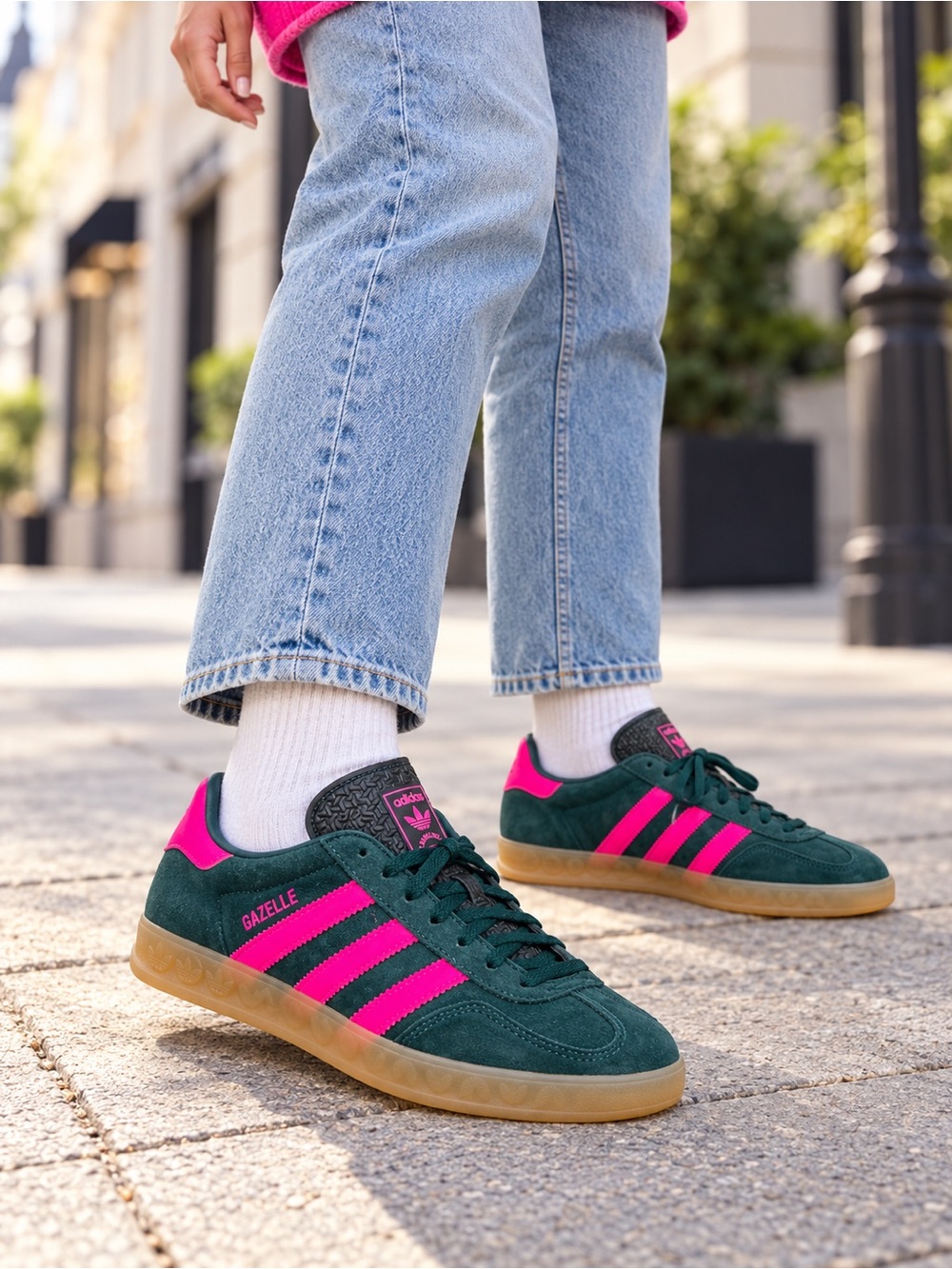 adidas Gazelle Dark Green Suede Sneakers with Hot Pink Stripes